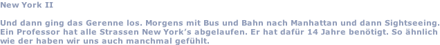New York II  Und dann ging das Gerenne los. Morgens mit Bus und Bahn nach Manhattan und dann Sightseeing. Ein Professor hat alle Strassen New York’s abgelaufen. Er hat dafür 14 Jahre benötigt. So ähnlich wie der haben wir uns auch manchmal gefühlt.