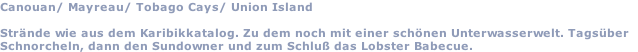Canouan/ Mayreau/ Tobago Cays/ Union Island  Strände wie aus dem Karibikkatalog. Zu dem noch mit einer schönen Unterwasserwelt. Tagsüber  Schnorcheln, dann den Sundowner und zum Schluß das Lobster Babecue.